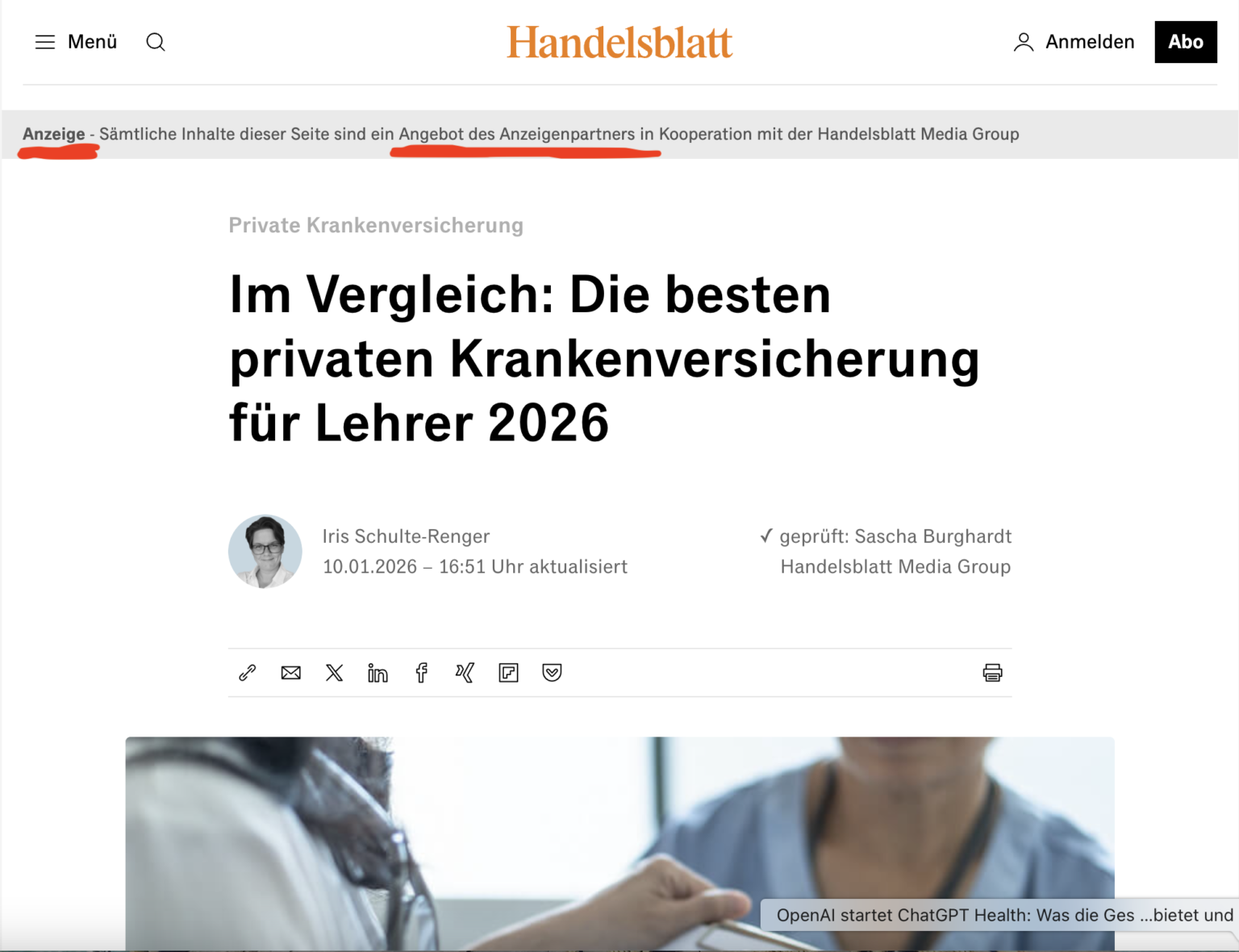 Headline eines Artikels über die besten privaten Krankenversicherungen für Lehrer