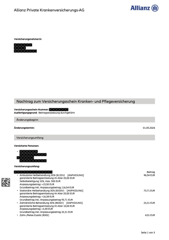 Beispiel für ein Informationsschreiben über die Beitragserhöhung der Allianz PKV 2026