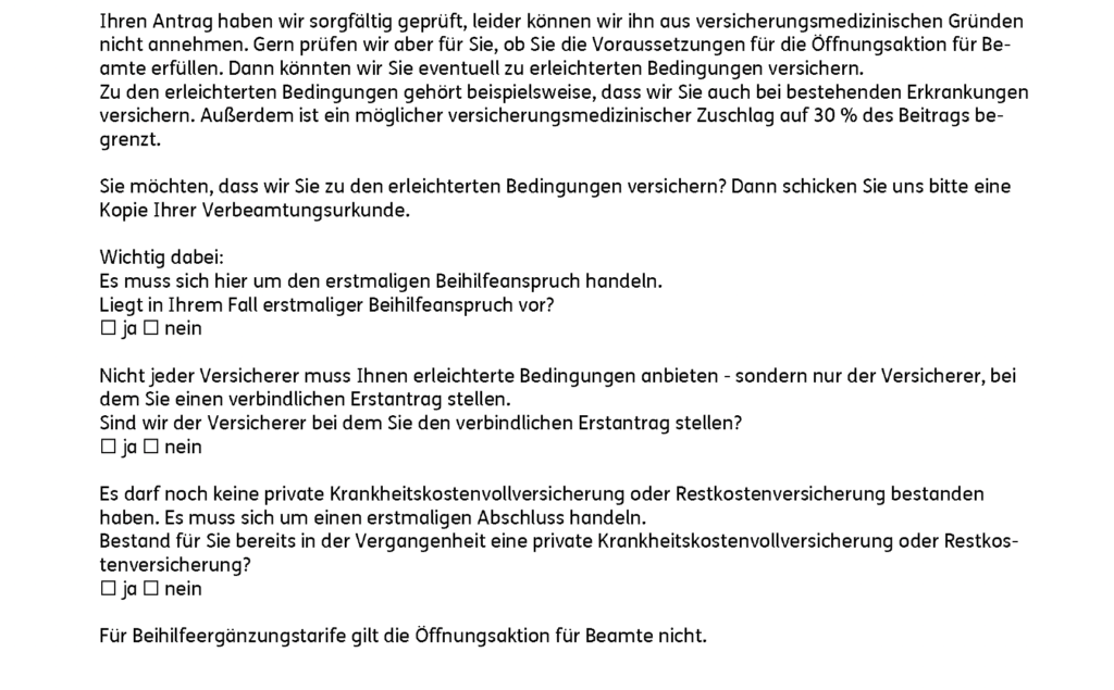 Die von der Versicherung geforderten Bedingungen um die Öffnungsaktion einer PKV nutzen zu können