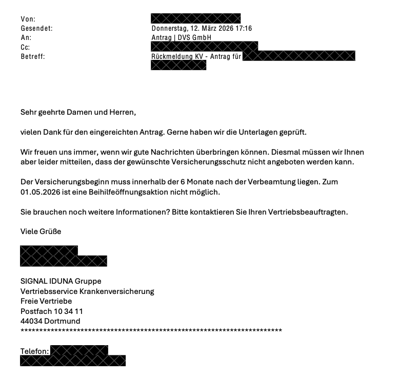 Beispiel eines Ablehnungsschreiben der Signal Iduna PKV im Zuge der Öffnungsaktion
