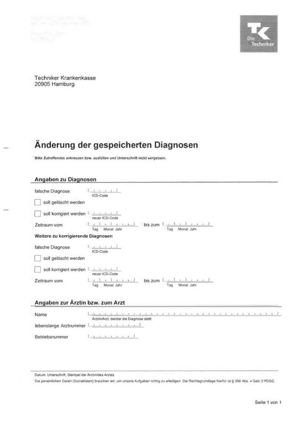 Formular der TK Krankenkasse zum Korrigieren falscher Diagnosen