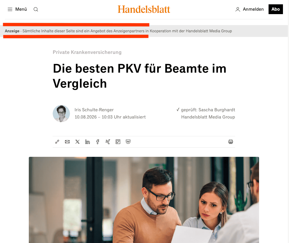 Screenshot des Handelsblatt-Artikels über die beste PKV für Beamte im Vergleich